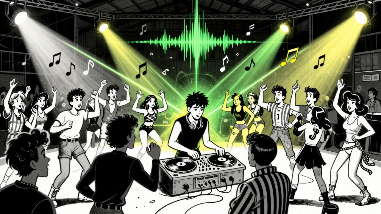 Crowd dancing at a UK warehouse rave with lasers and strobe lights