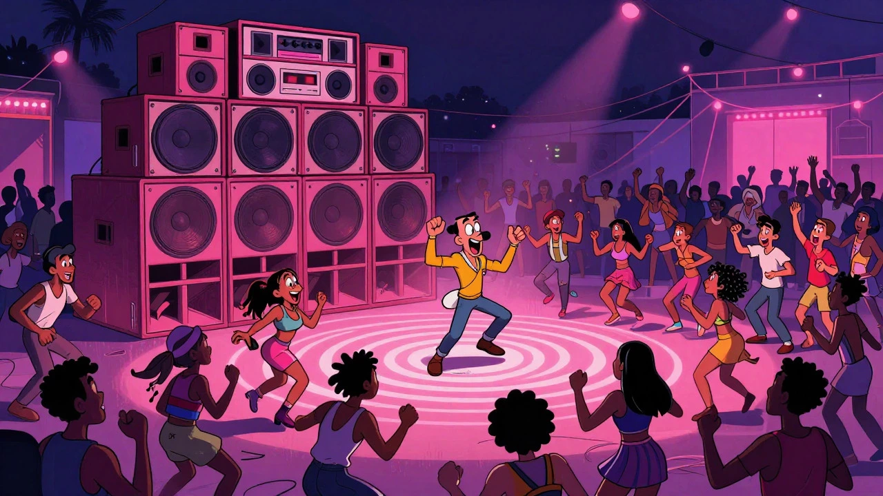 Crowd dancing near massive speakers with visualized bass waves in cartoon style