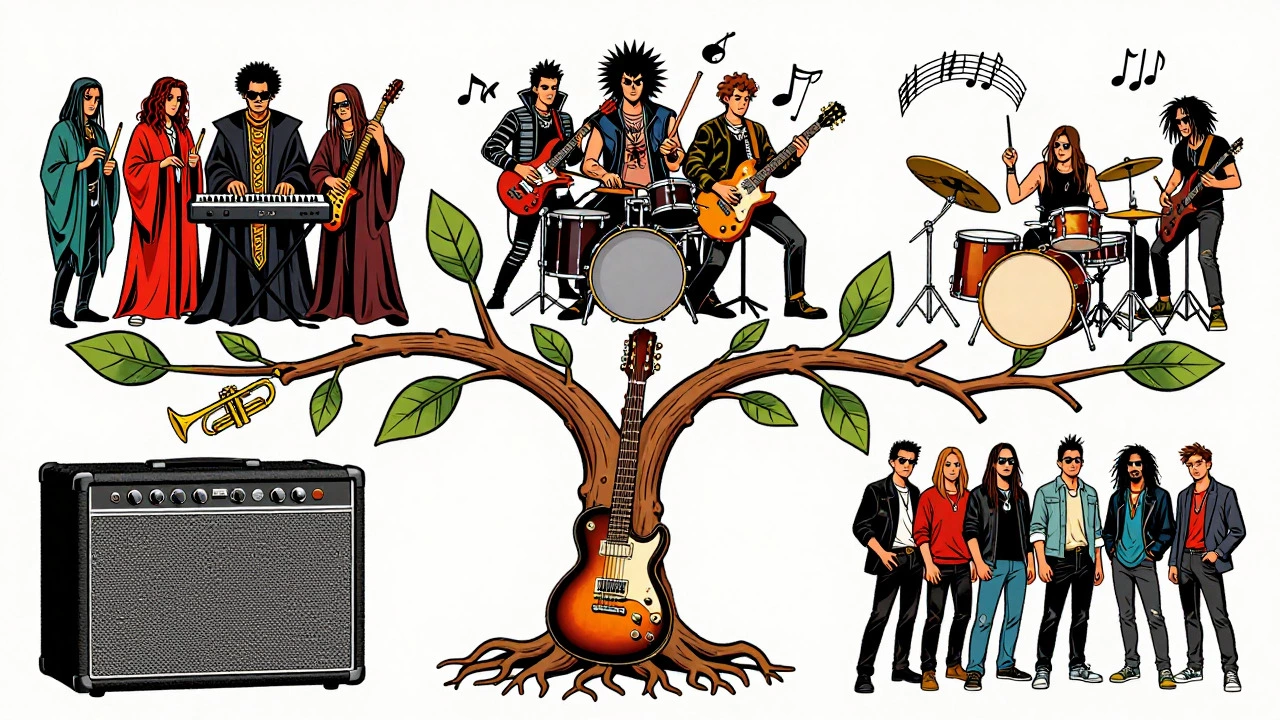 Evolutionary tree of music branching from jazz to modern metal
