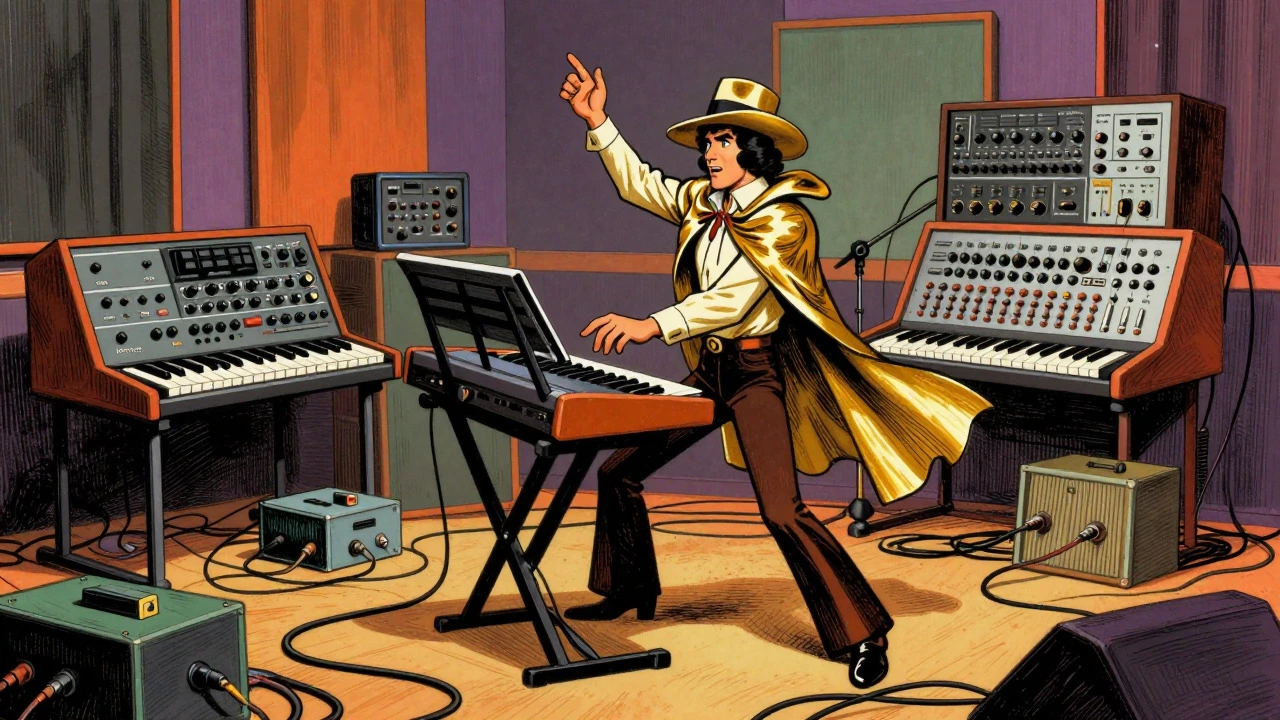 Flamboyant keyboardist in a gold cape surrounded by synthesizers