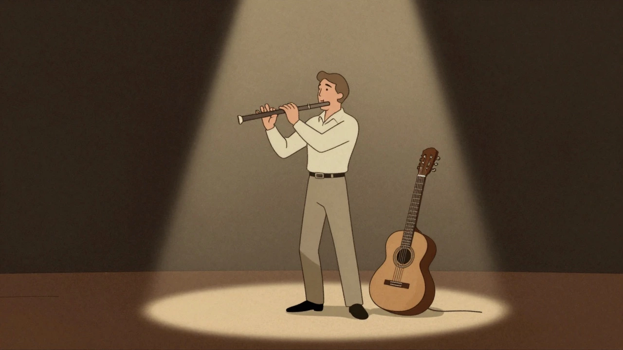 Flutist playing solo on a minimalist dark stage