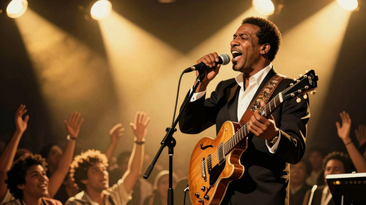 George Benson singing and playing guitar on stage in vintage style
