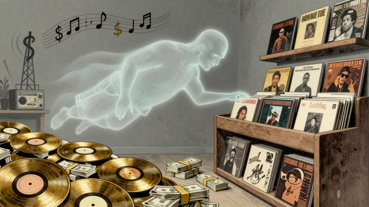 Ghostly rapper floating over gold records and cash