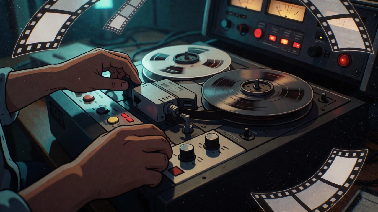 Hands editing on a vintage linear tape deck with film elements