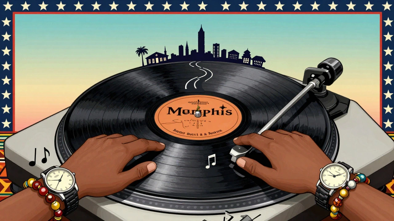 Hands holding a vinyl record connecting Memphis and South Africa in cartoon style