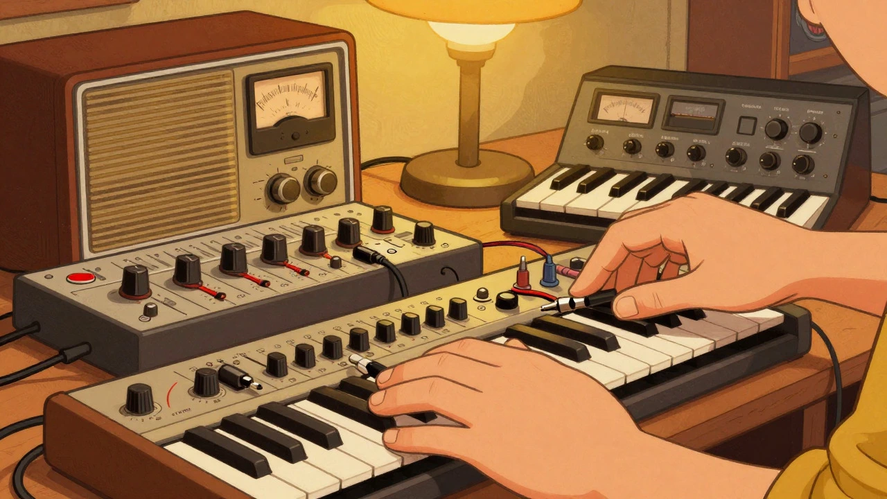 Hands plugging into a portable synth and patching a modular system in a studio