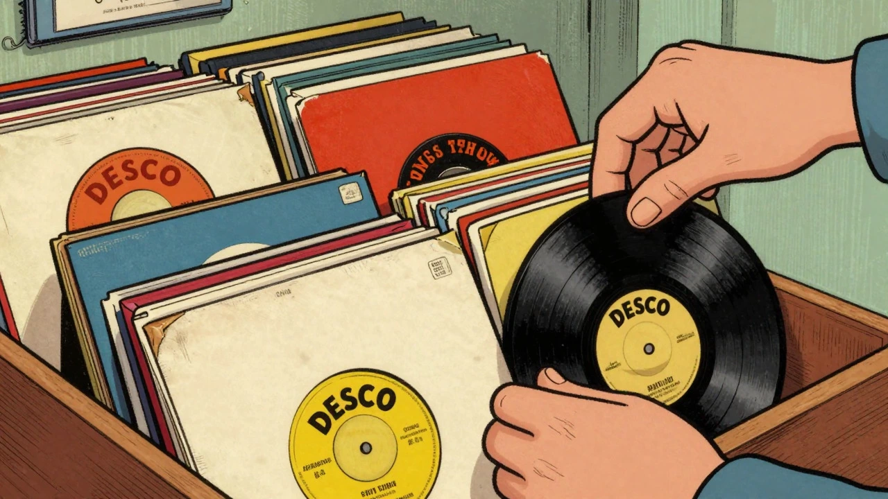 Hands searching through crate of colorful vinyl records