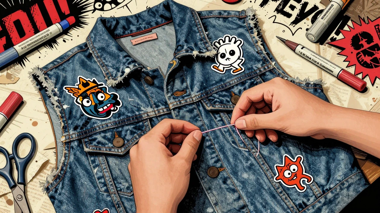 Hands sewing a DIY patch onto a denim vest with dental floss
