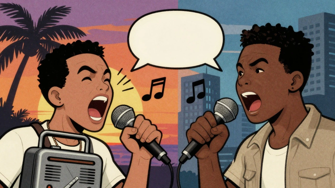 Illustration comparing a Jamaican toaster and an early hip-hop MC with microphones