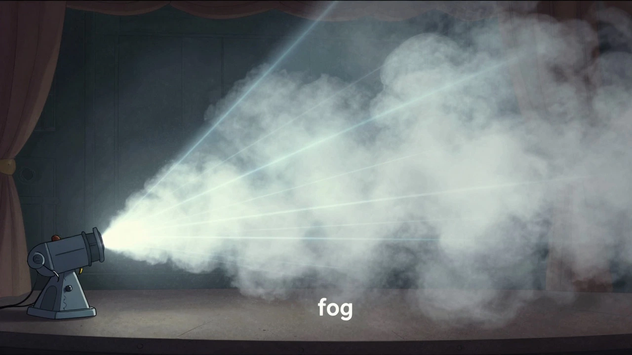 Illustration comparing clear laser beams in haze versus obscured light in dense fog