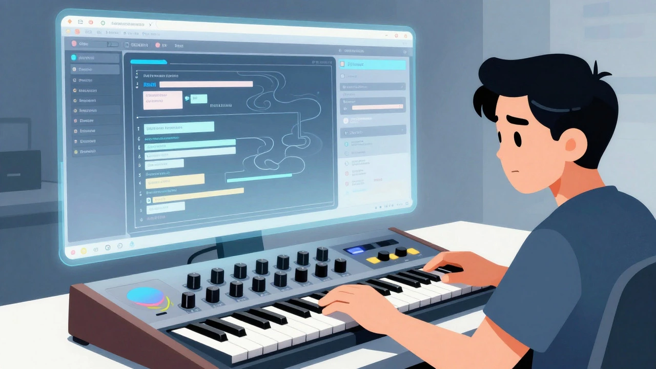 Illustration contrasting a modern hardware synth with complex digital menu overlays