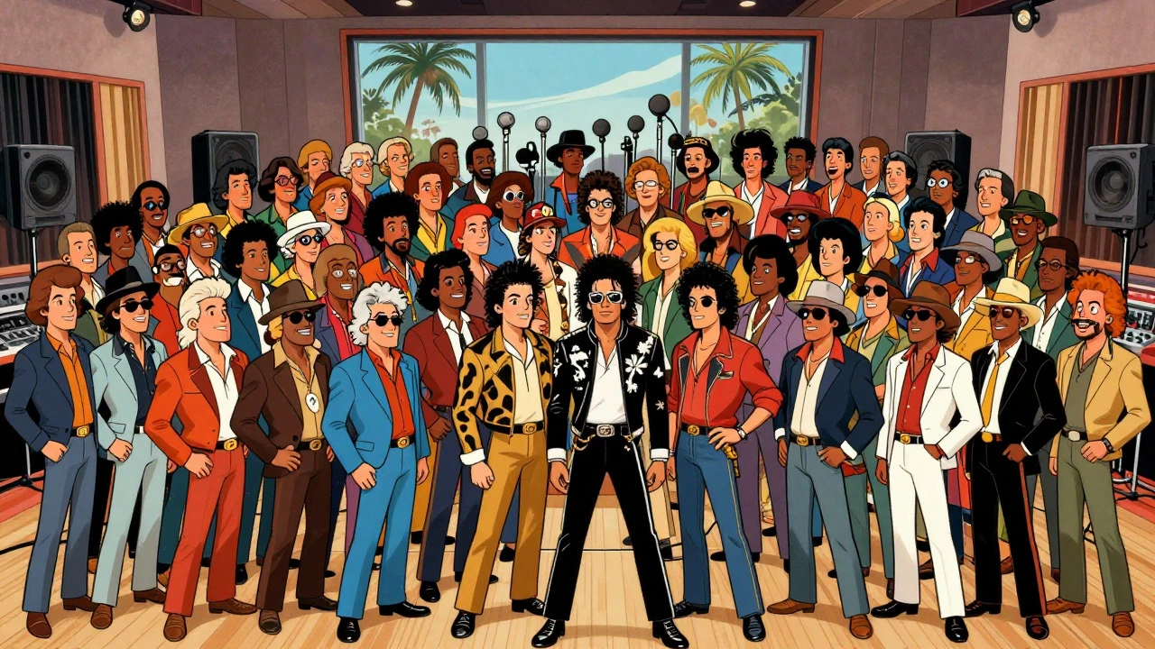 Illustration of 45 American artists recording a charity song in LA