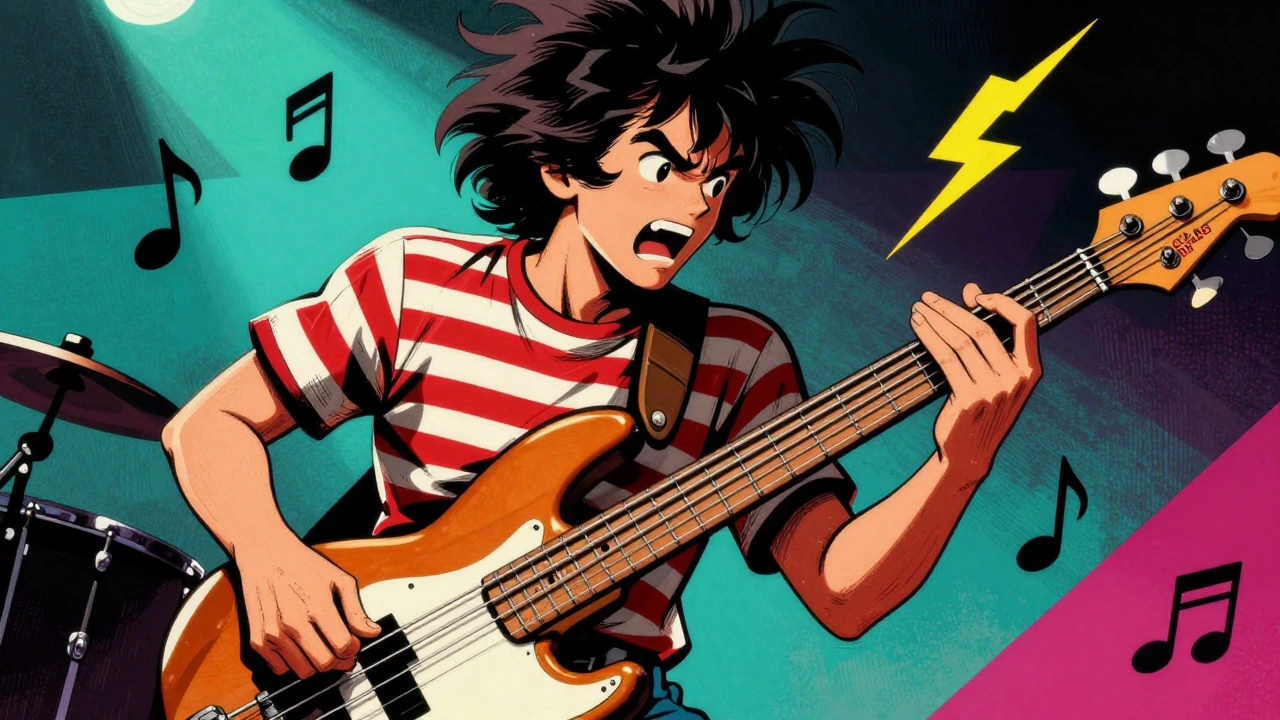 Illustration of a bassist playing slap bass with energy