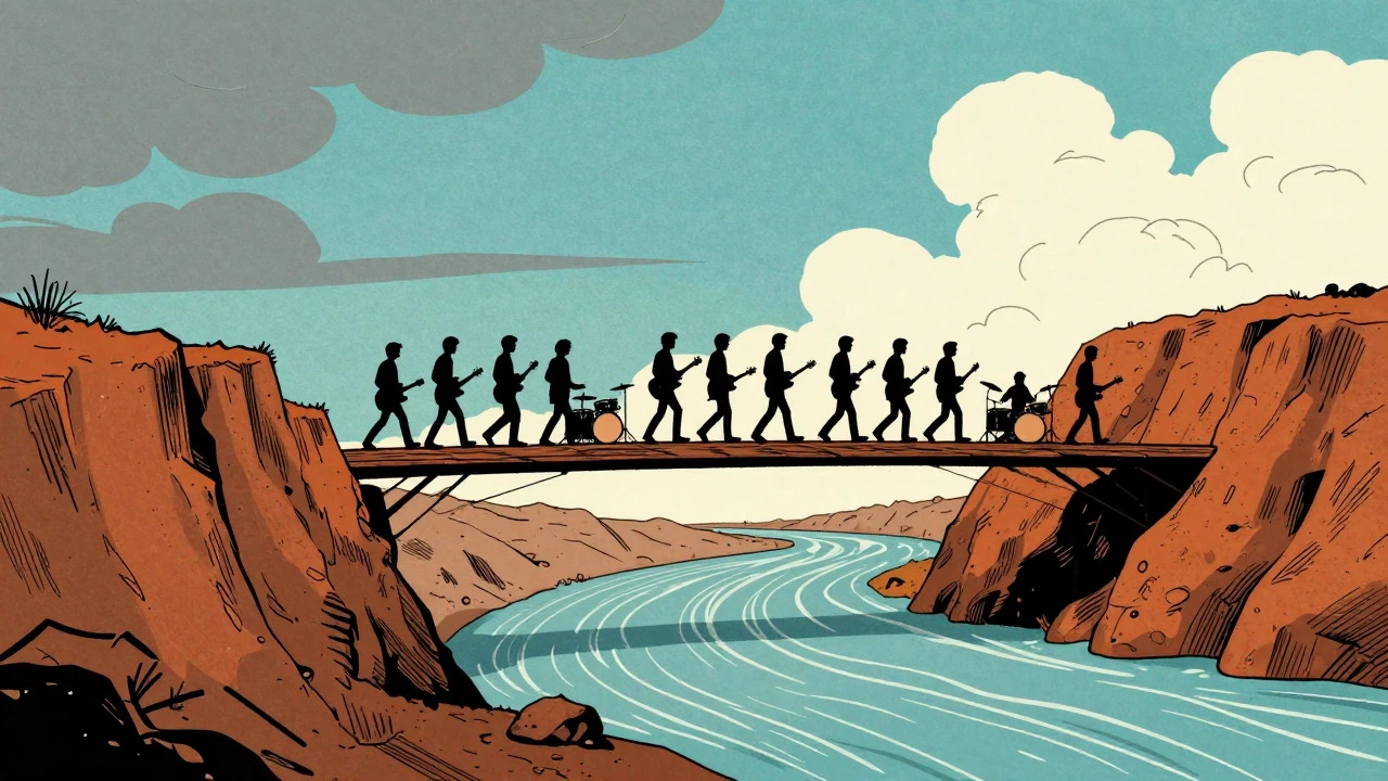 Illustration of a bridge connecting a rocky cliff and a smooth river, symbolizing musical evolution