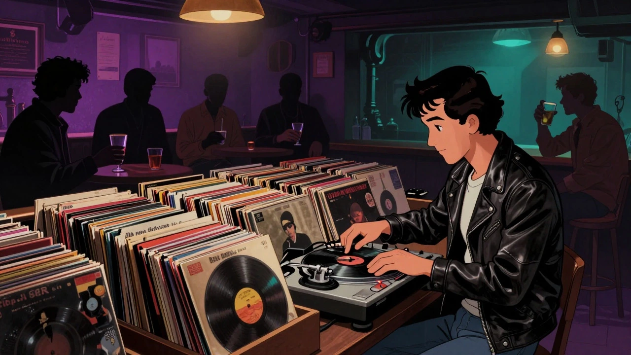 Illustration of a DJ selecting records from a huge stack in a retro rock lounge