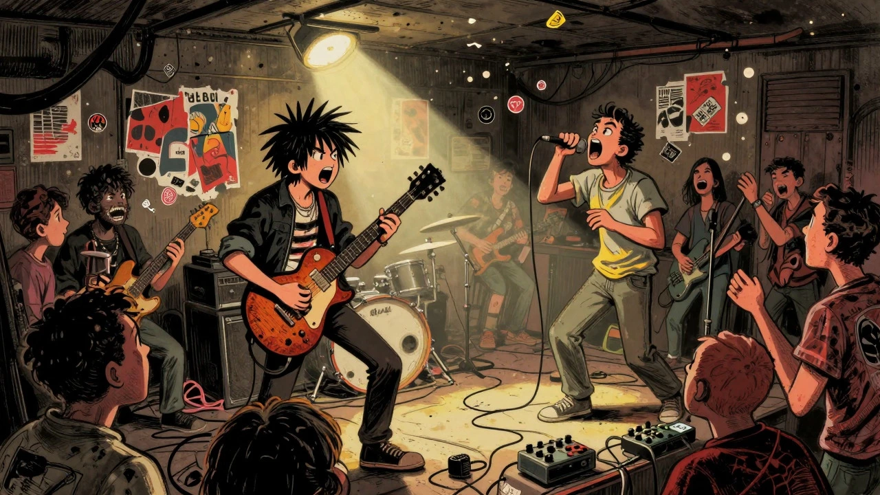 Illustration of a live band performing in a crowded, gritty basement house show setting