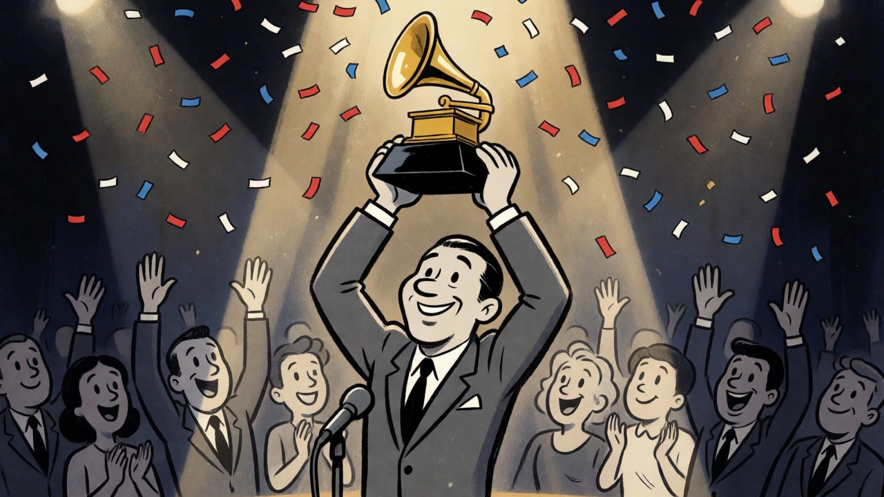 Illustration of a man holding a Grammy trophy on stage amidst falling confetti and cheering crowd.