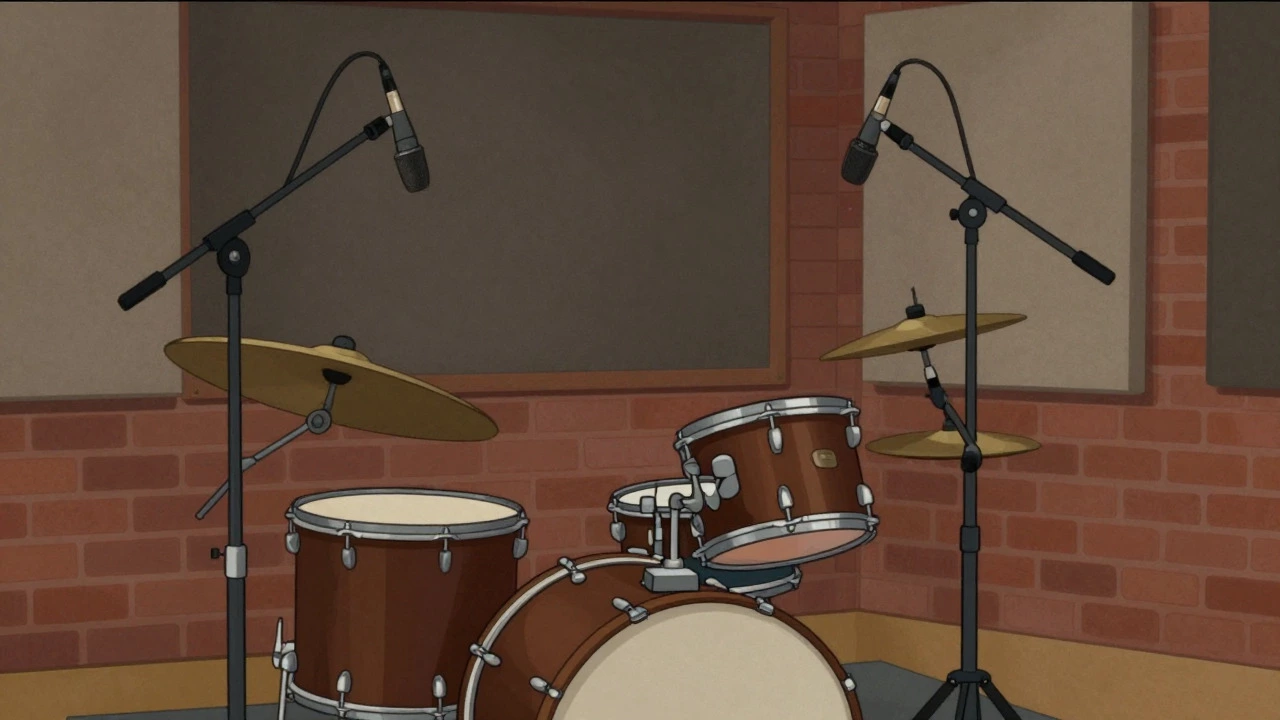 Illustration of a minimal three-microphone setup on a vintage drum kit
