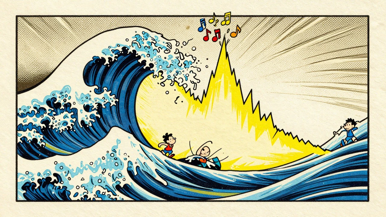 Illustration of a wave rising to a peak and falling, representing album energy dynamics