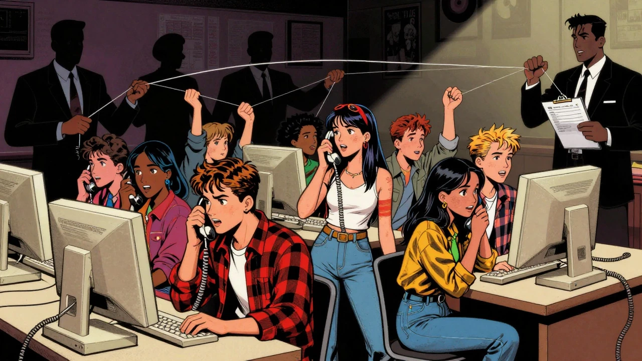 Illustration of fans voting on TRL while record labels pull strings