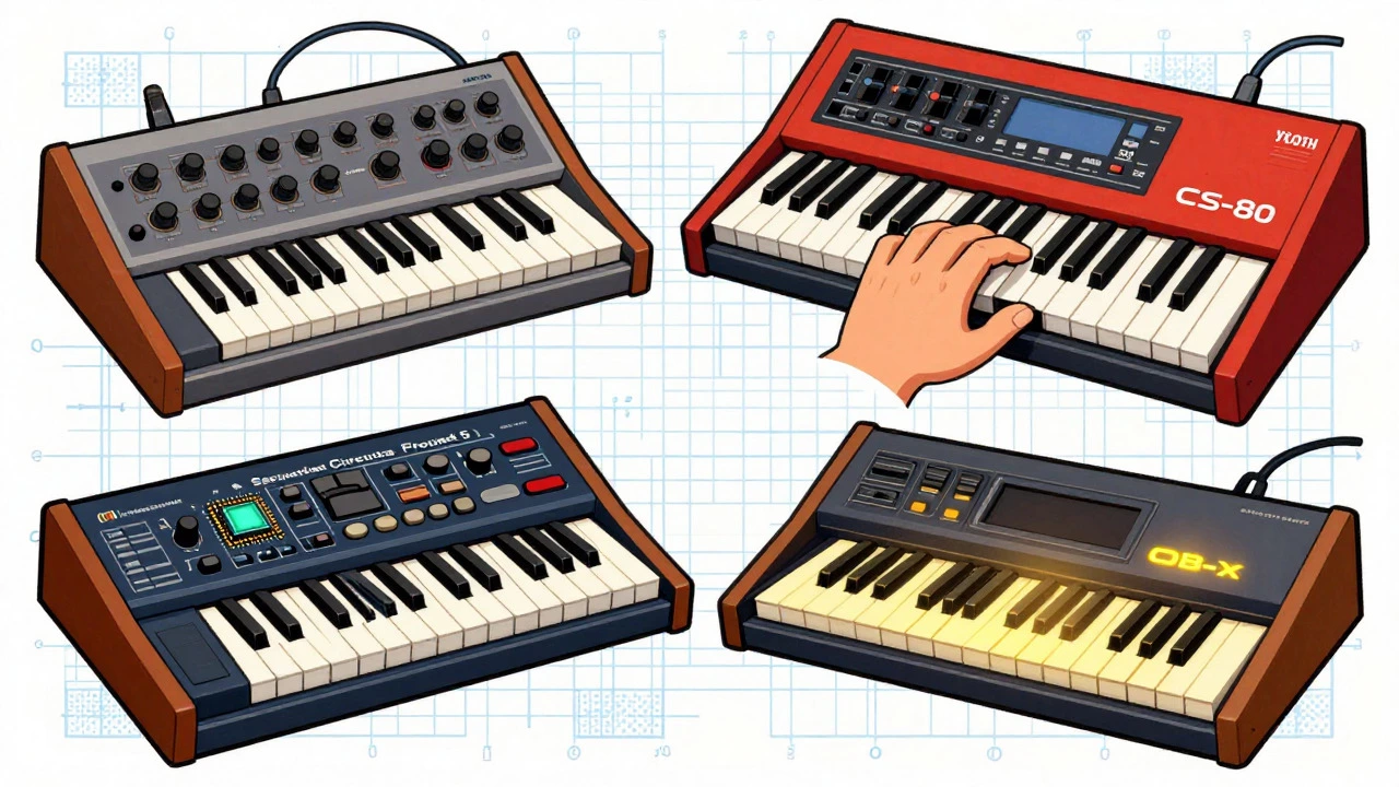 Illustration of four key 1970s synths: ARP 2600, CS-80, Prophet-5, and OB-X