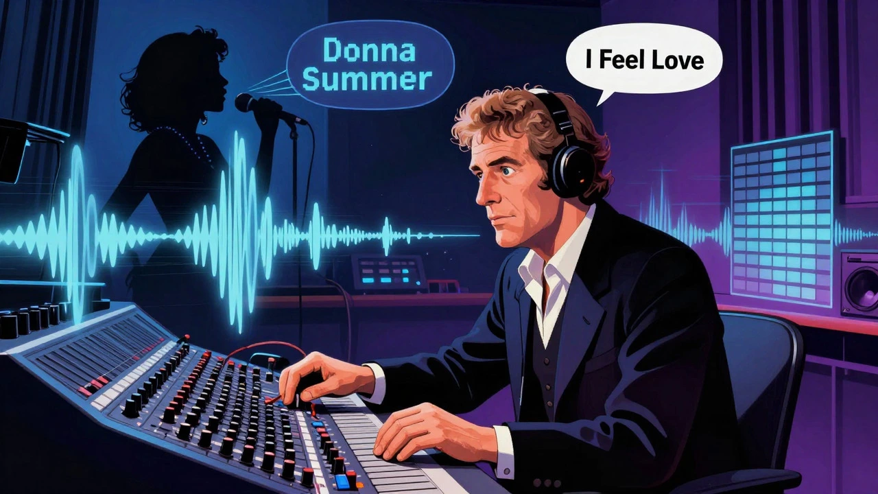 Illustration of Giorgio Moroder producing electronic disco music in a studio.