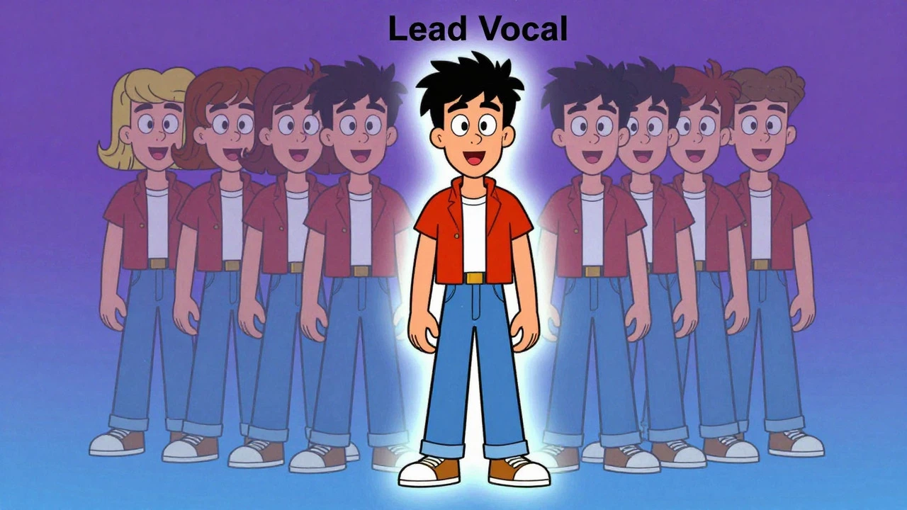 Illustration of lead singer surrounded by stacked vocal harmonies