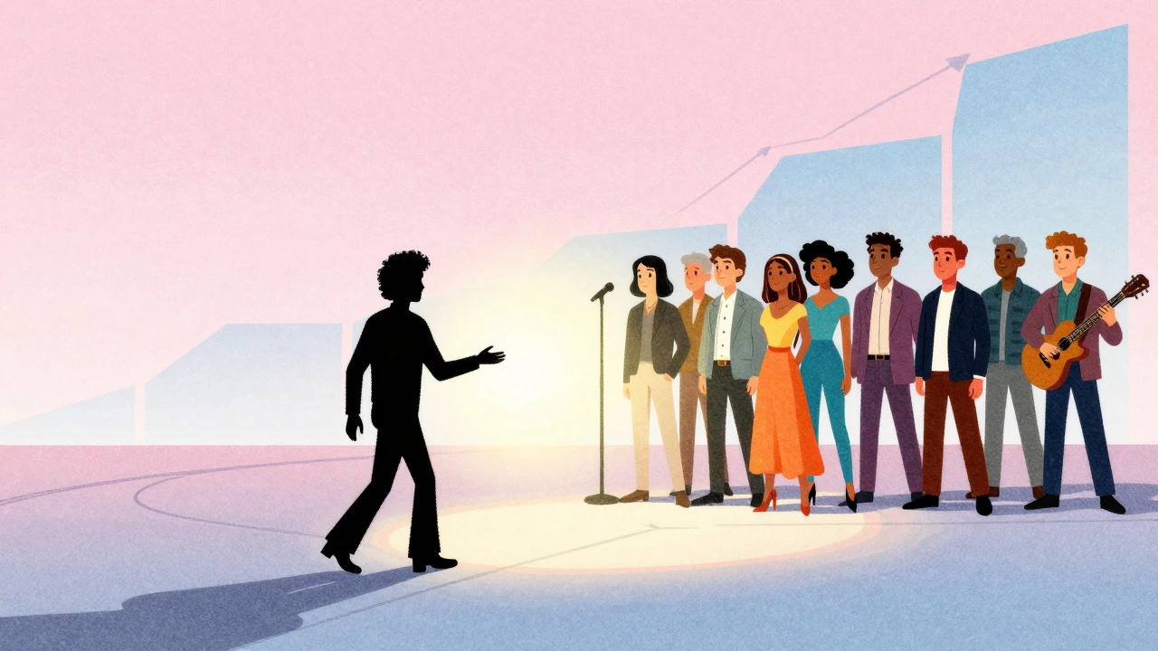Illustration of legacy artists transitioning roles as newer musicians take the spotlight.