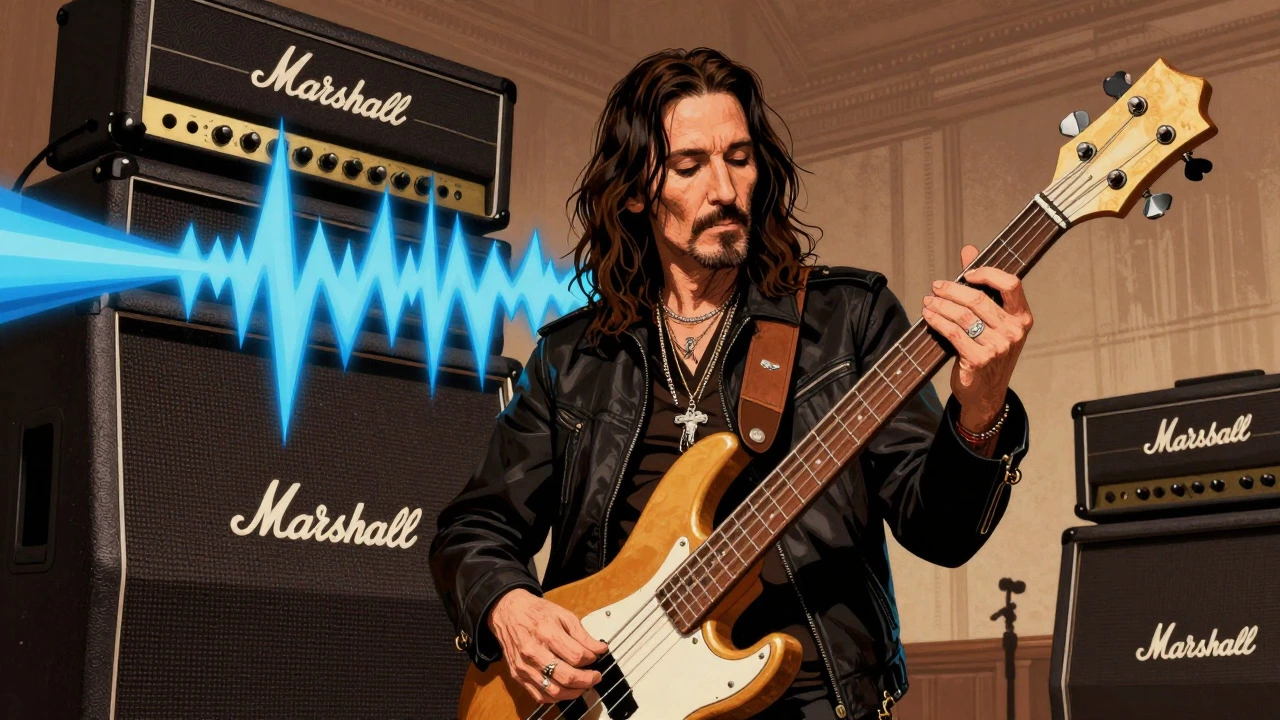 Illustration of Lemmy's distorted bass and massive Marshall amp stacks.