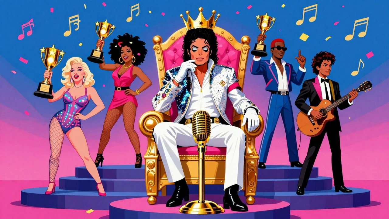 Illustration of MJ on a throne with other 80s artists below