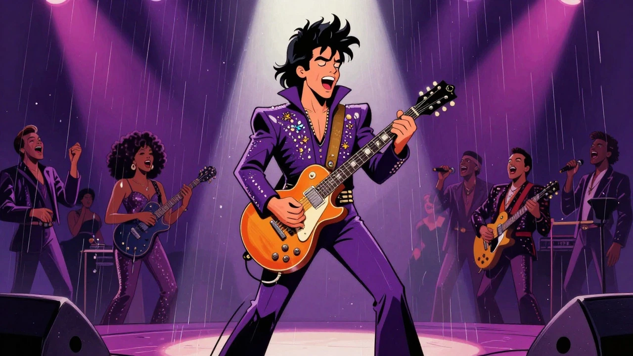 Illustration of Prince performing dramatic Purple Rain guitar solo finale