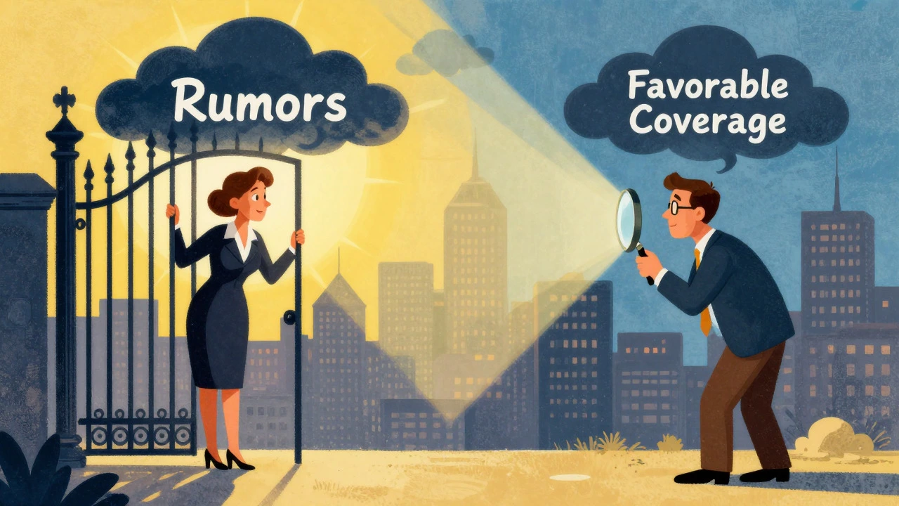 Illustration of publicist filtering rumors through a gate while journalist observes