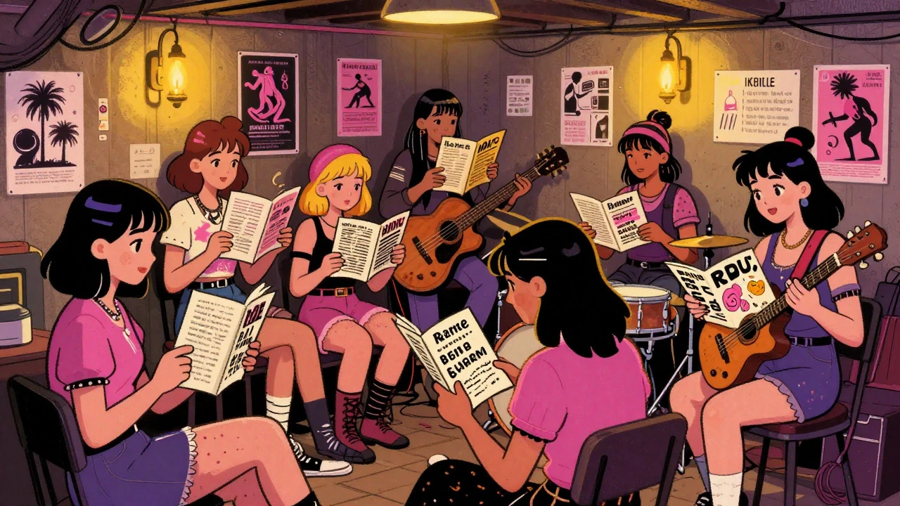 Intimate basement gig with punk women sharing zines and playing music together
