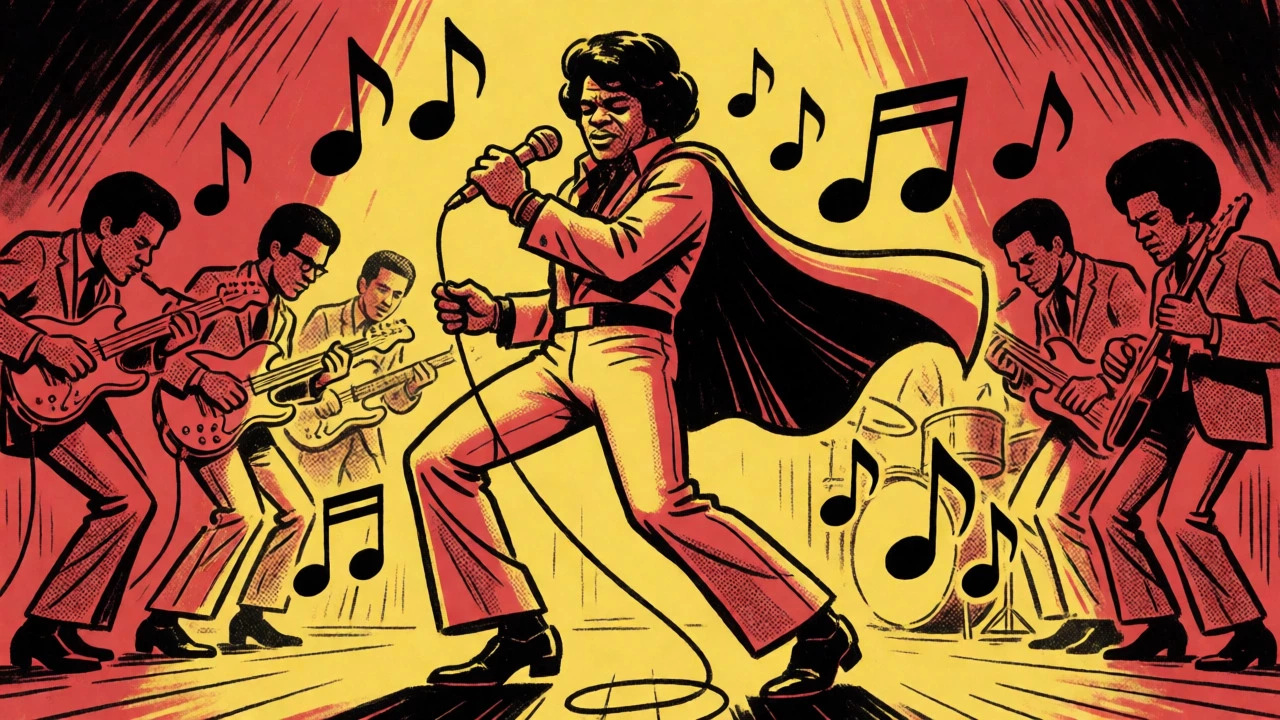 James Brown performing an energetic dance move on stage with his band in the background.
