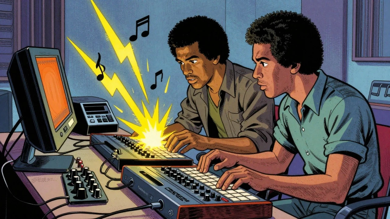 Jimmy Jam and Terry Lewis programming synthesizers