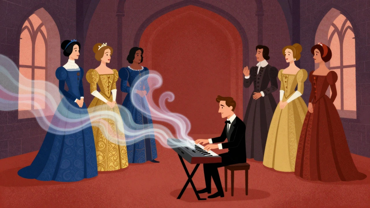 Keyboardist playing synth while historical figures emerge from sound waves