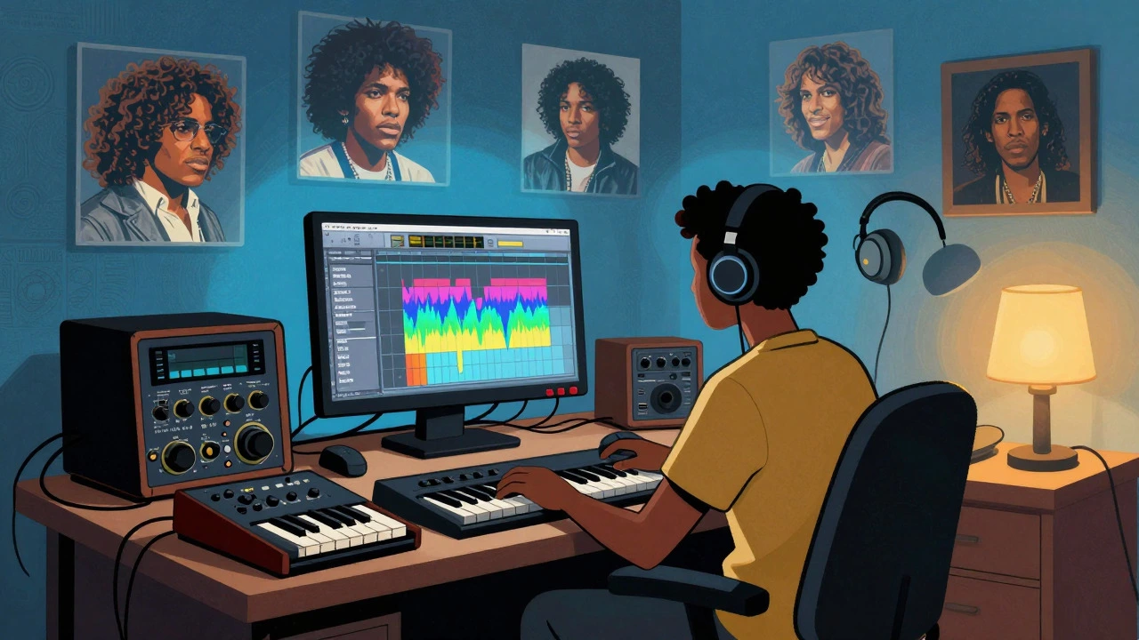 Modern musician producing jazz fusion using digital workstations
