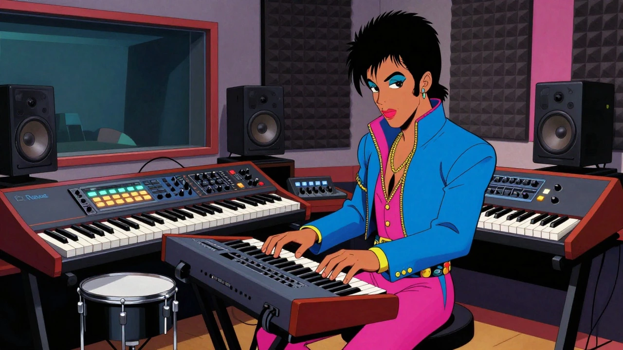 Musician playing synthesizers in a vibrant 1980s Minneapolis studio