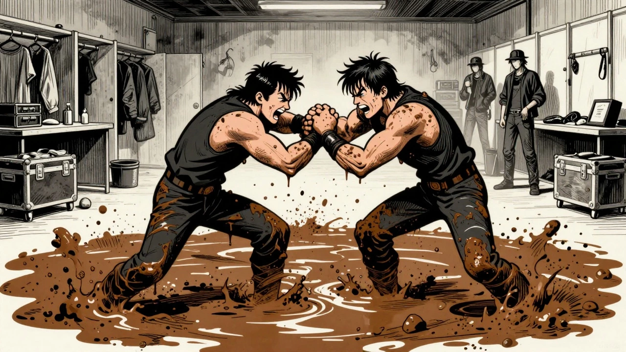 Musicians mud wrestling backstage in vintage cartoon illustration