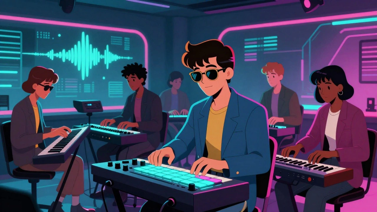 Musicians operating synthesizers and drum machines in a neon-lit studio
