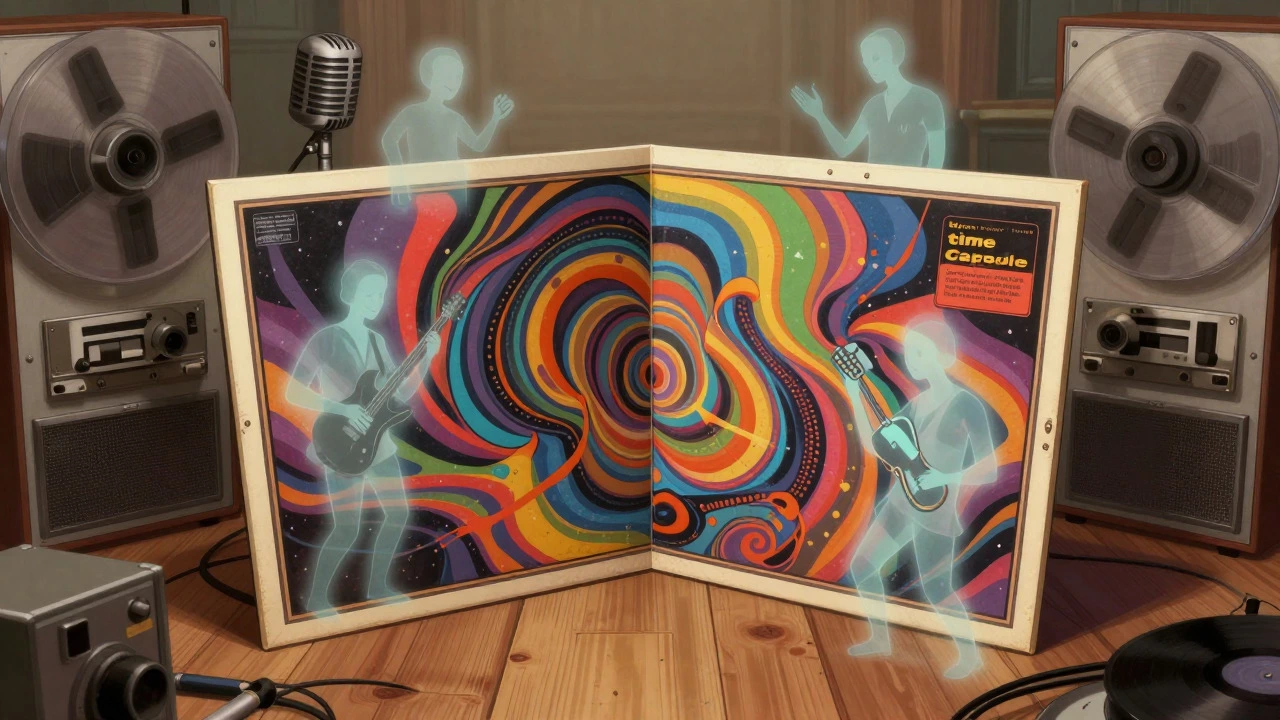 Open double LP album cover with floating musician spirits