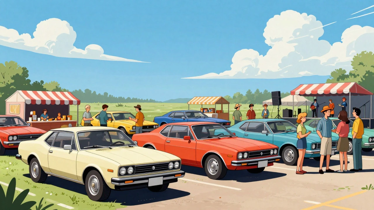 Outdoor car show featuring boxy 1980s vehicles and crowds