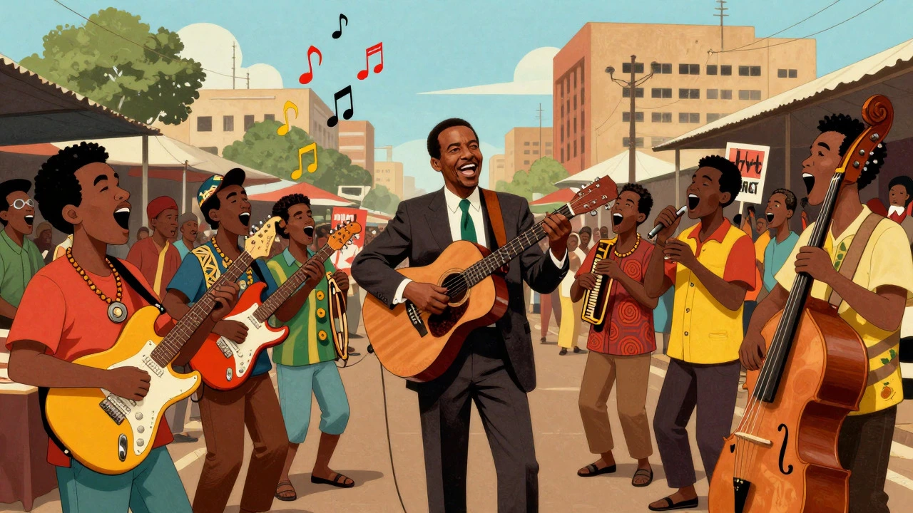 Paul Simon collaborating with South African musicians in a vibrant street scene