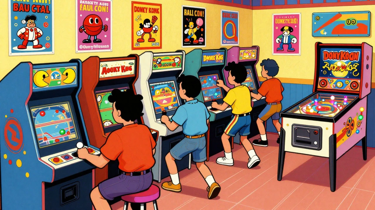 People playing classic arcade games like Pac-Man at a party