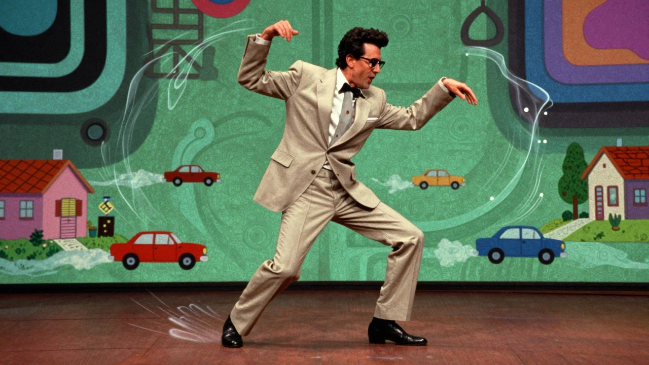 Performer in oversized suit dancing amidst abstract shapes