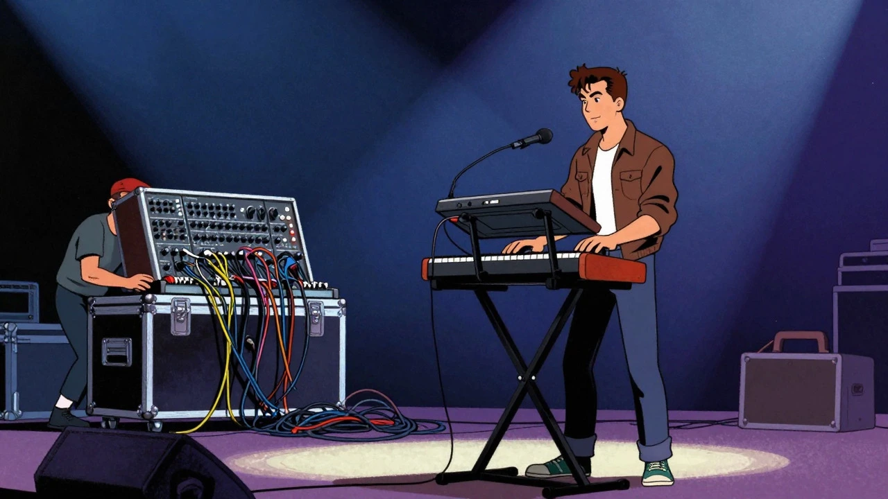 Performer using a portable synth while a tech handles a messy modular rig on stage