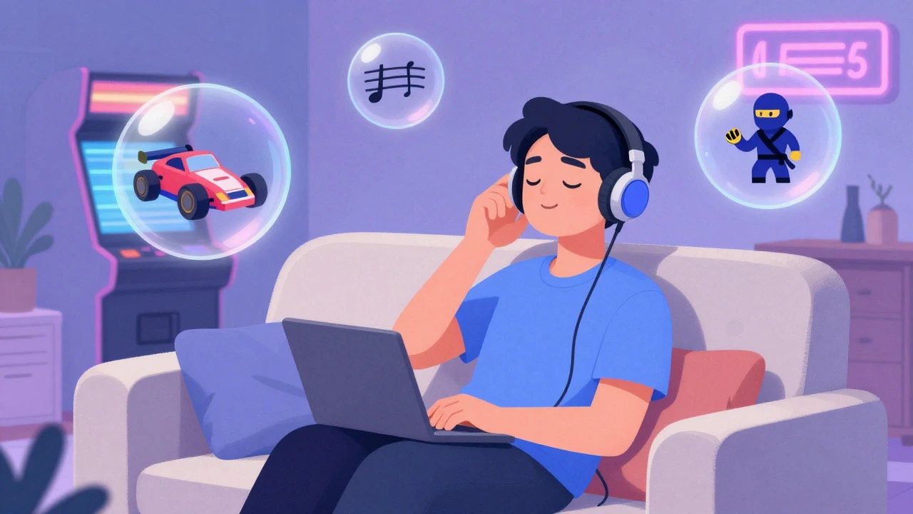 Person relaxing with headphones surrounded by floating retro gaming memories