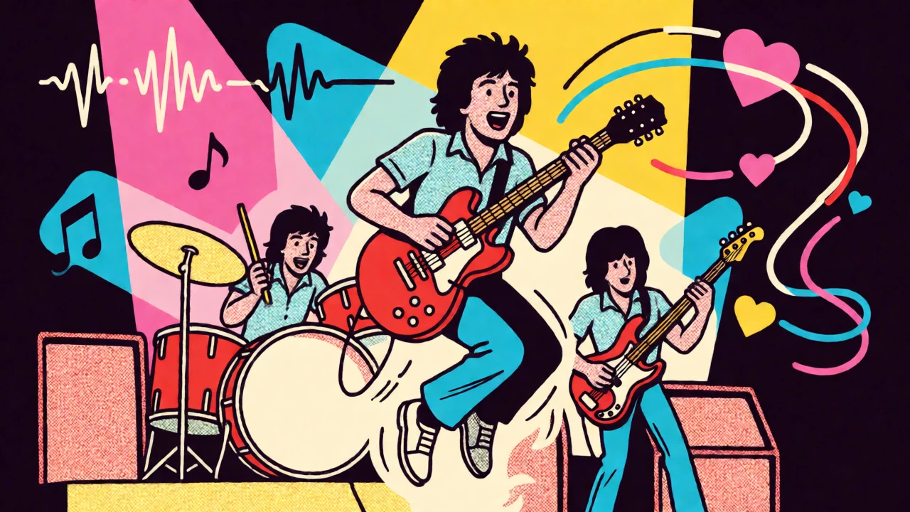 Pete Shelley jumping while playing guitar on stage with abstract sound visuals.
