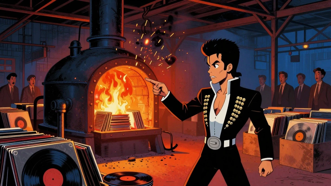 Prince ordering the destruction of vinyl records in a fiery warehouse scene