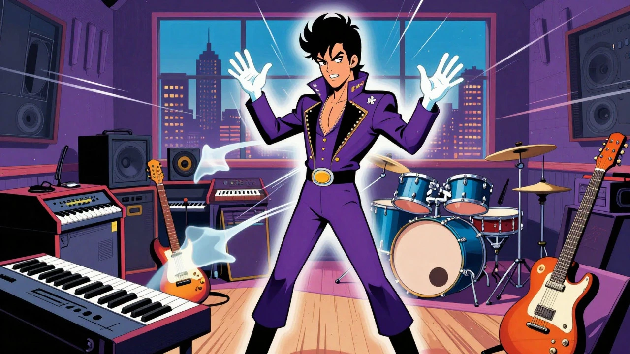Prince playing multiple instruments alone in a studio, illustrated in retro cartoon style